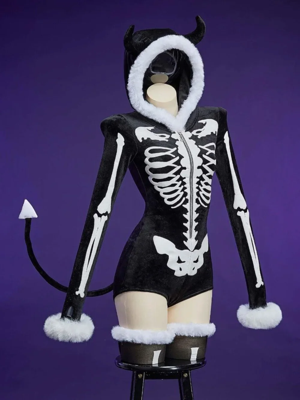 Gothic Hooded Bodysuit with Skull Pattern, Furry Tail & Socks - Halloween
